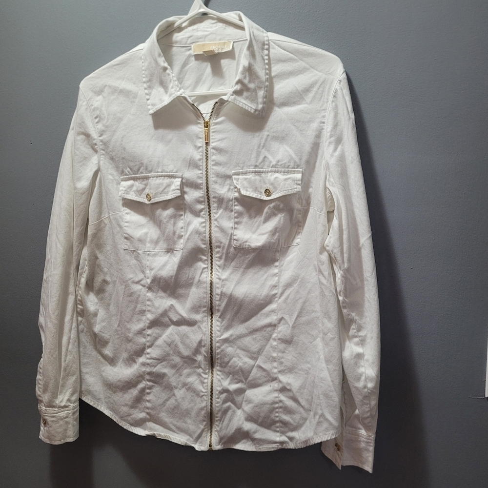 Michael Kors White Zippered Front Cotton Blend Shirt Size L